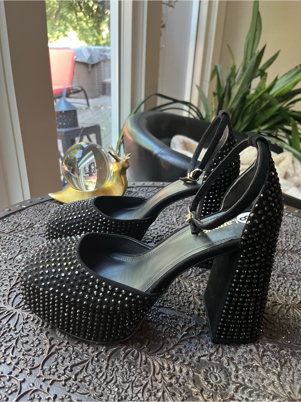LARROUDE ARI CRYSTAL EMBELLISHED PLATFORM BLACK SUEDE PUMPS 8